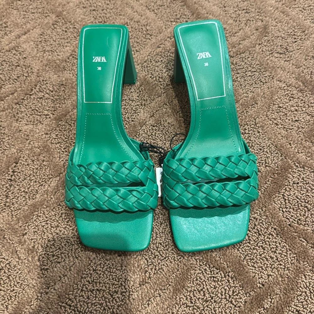 Green braided square toe Zara mules slip on heels